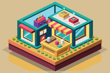 A car is parked inside a building with a store front, Jewelry shop Customizable Isometric Illustration