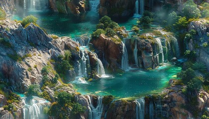 Craft a dynamic aerial shot of a thunderous waterfall cascading into a pristine