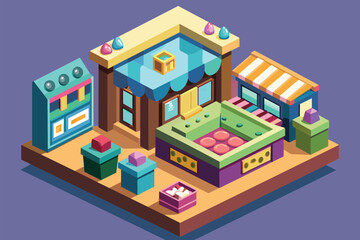 Flat design of a store filled with various furniture pieces, showcasing a modern and organized layout, Jewelry shop Customizable Isometric Illustration