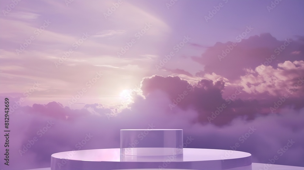 Poster front view of transparent podium with blank space in purple gradient cloudy sky background abstract 