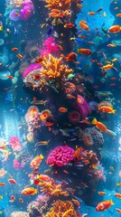 Craft a mesmerizing wide-angle view that seamlessly blends intricate coral reefs with a school of neon-colored tropical fish Ensure a vibrant color palette and intricate detailing 