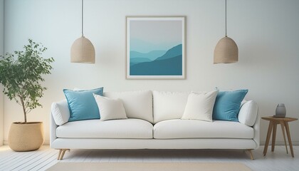 A white sofa with pillows, a poster on a wall and pendant lights in a bright modern interior