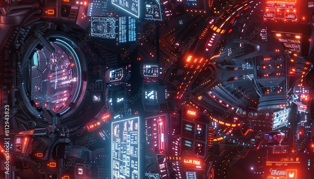Poster craft a striking image showcasing the fusion of cyberpunk design elements and ai innovation implemen