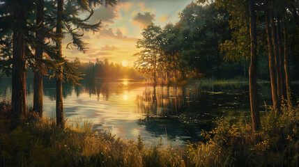 Breathtaking Lakeside Scene Skillfully Rendered Through Various Oil Painting Techniques