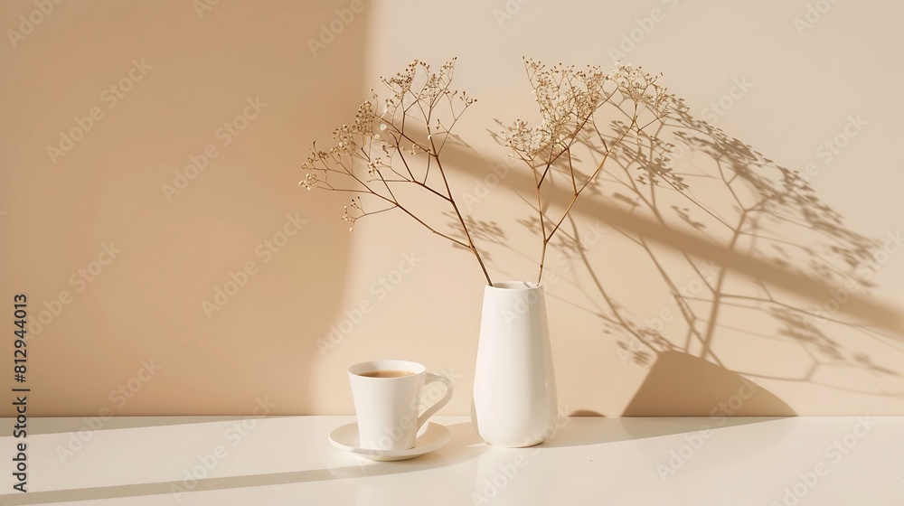 Poster creative composition of white vase with dry flowers and cup of coffee on brown and pastel beige back