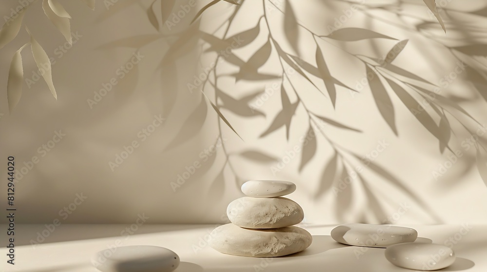 Poster abstract minimal nature scene empty stage and composition of stones on beige background and soft sha