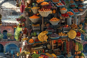 Depict a bustling marketplace overflowing with fruits