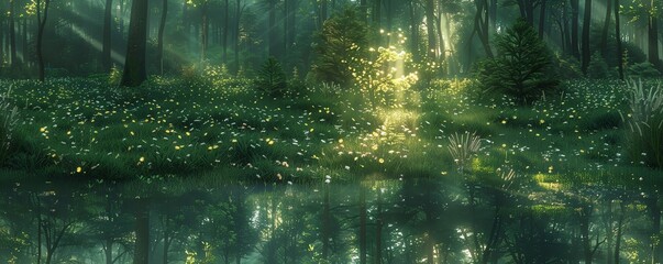 Depict a serene forest glade at dusk