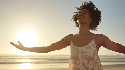 Healthy black woman standing on the beach with copy space Happy young african american woman with open arms at seaside Freedom girl dancing and daydreaming at beach during summer vacat : Generative AI