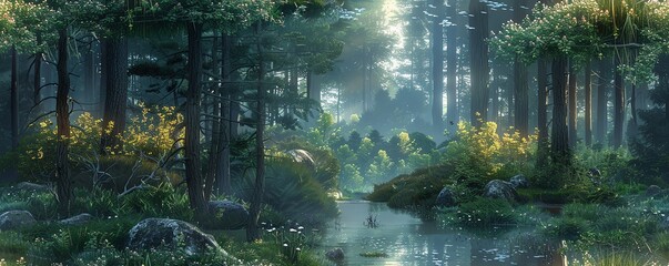 Depict a serene forest glade at dusk