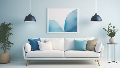 A white sofa with pillows, a poster on a wall and pendant lights in a bright modern interior