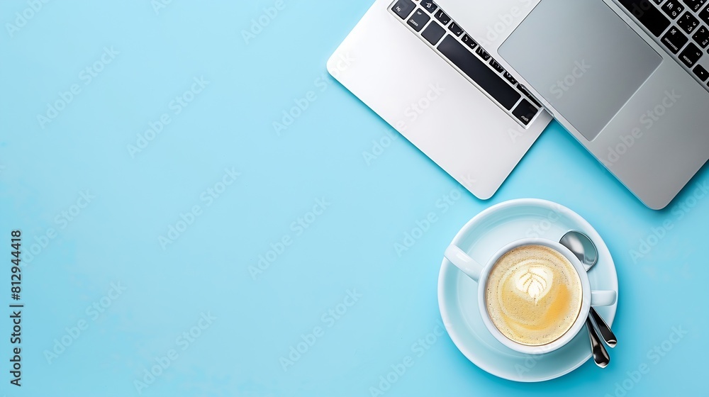 Aufkleber Minimal work space  Creative flat lay photo of workspace desk Top view office desk with laptop notebooks and coffee cup on blue color background Top view with copy space flat lay photo : Generative AI
