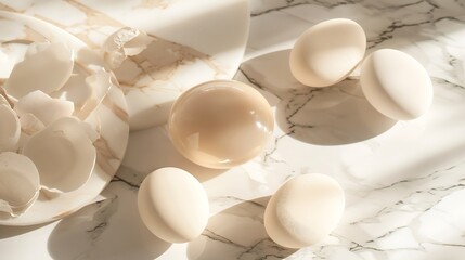 Beauty cosmetics product presentation flat lay mockup scene with beige oval shapes on white marble table with copy space Trendy sunlight  top view Studio photography : Generative AI