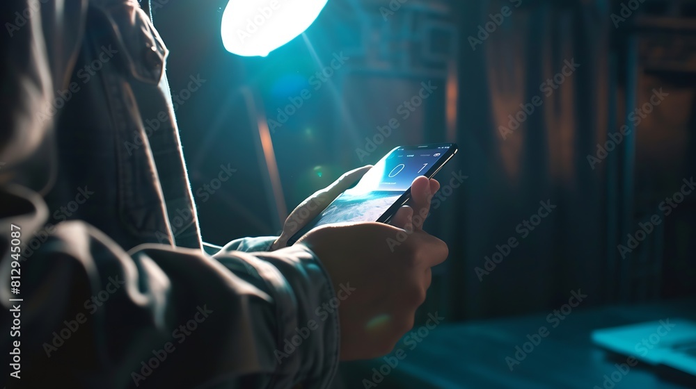 Poster Man touching smartphone to watching and live streaming window for Video streaming on internet and multimedia technology concept : Generative AI