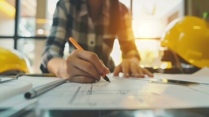 Architecture Engineer Teamwork Meeting Drawing and working for architectural project and engineering tools on workplace concept of worksite on technical drawing structure and construct : Generative AI