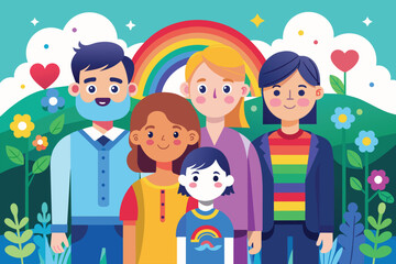 A diverse group of individuals standing in unity, showcasing inclusivity and togetherness, Lgbt family Customizable Flat Illustration