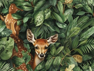 Illustrate a serene deer gazing at a hidden fox cub, camouflaged within lush foliage Use watercolor techniques to convey a peaceful yet cautious atmosphere