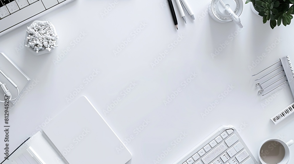 Aufkleber White office desk table with blank notebook computer keyboard and other office supplies Top view with copy space flat lay : Generative AI