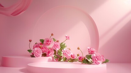Elegant arch of fresh little roses blank rounded space as podiums  mockup with flying buds and green leaves as stream on pink stage for presentation cosmetic products advertising desig : Generative AI