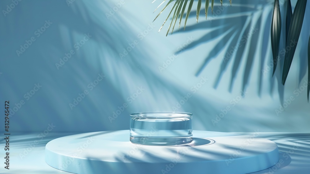 Poster pure water surface texture on blue wall studio with light shadow palm leaves backdroppodium display 