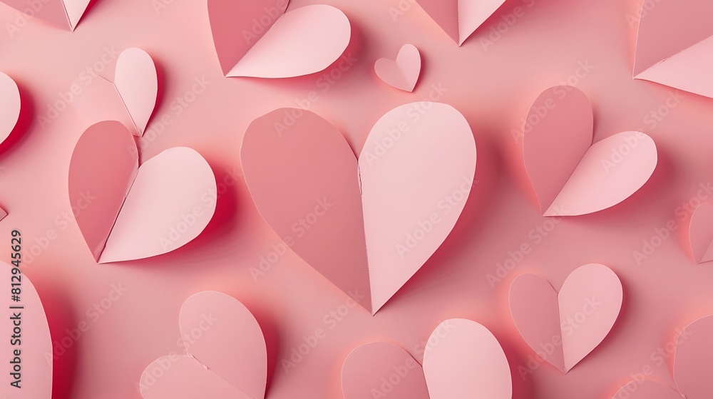 Poster composition for valentines day february 14th delicate pink background and pink hearts cut out of pap