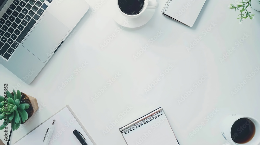 Poster top view above of white office desk table with laptop notebook and coffee cup with equipment other o