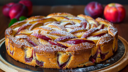 Delicious freshly baked peach cake on a wooden board, sprinkled with powdered sugar, with ripe peaches in the background - Powered by Adobe
