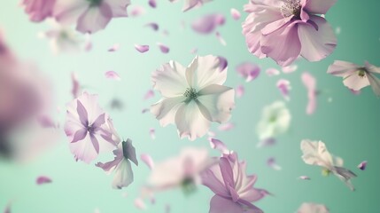Fototapeta premium Beautiful flying pastel flowers falling and levitating against mint background Creative spring bloom or floral layout Minimal birthday Mothers Valentines Womens day or wedding concept : Generative AI