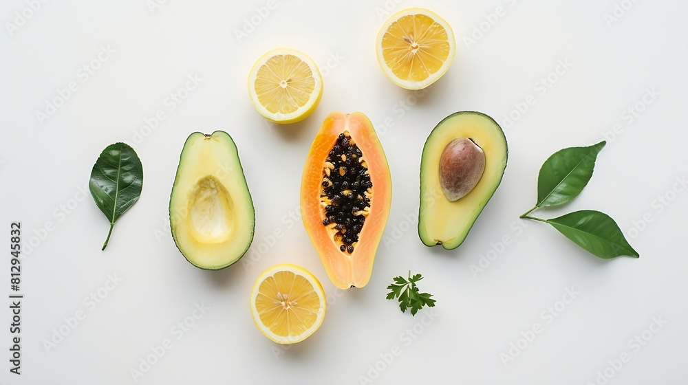 Poster creative layout made of papaya avocado and lemon on the white background flat lay food concept : gen