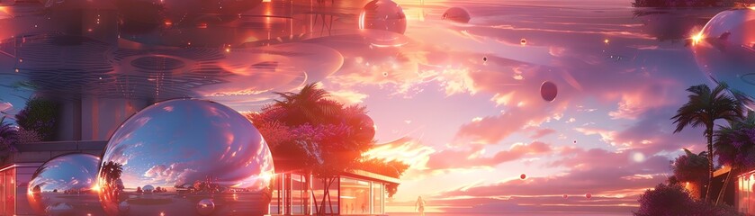 Incorporate iridescent flora and hovering metallic orbs in a surreal, side-view vista blending otherworldly skies with sleek, futuristic buildings