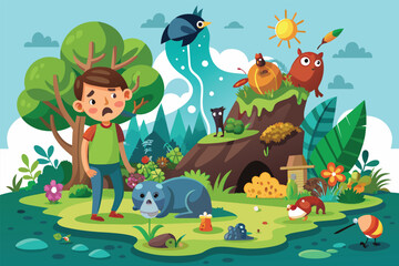 A boy standing amidst various animals in a field, Loss of biodiversity Customizable Cartoon Illustration