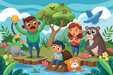 Naklejka premium A group of individuals standing around a pond, watching various animals, Loss of biodiversity Customizable Cartoon Illustration