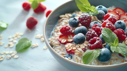 Bowl of glutenfree oatmeal with fresh berries, top view, morning light, soft focus