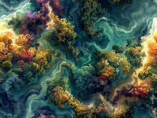 Picture an oil-painted aerial view of a whimsical dreamscape filled with enchanted forests and magical beings Delve into the depths of psychology with surreal symbolism and abstrac