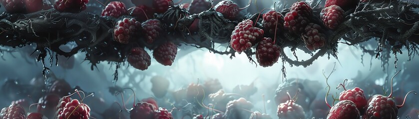 Produce a visually striking close-up shot that merges dystopian aesthetics with culinary creativity; featuring a hand-painted watercolor scene of mutated fruits in a decaying lands