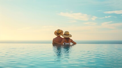 A loving couple with hats hugging at the edge of an infinity pool and enjoying the view to the blue mediterranean sea during summer vacation time : Generative AI
