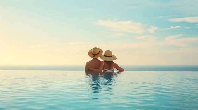 A loving couple with hats hugging at the edge of an infinity pool and enjoying the view to the blue mediterranean sea during summer vacation time : Generative AI