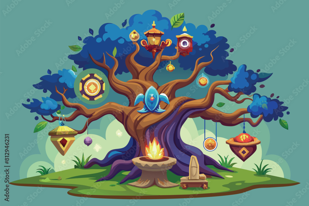 Poster a whimsical cartoon tree adorned with a variety of objects dangling from its branches in a playful a