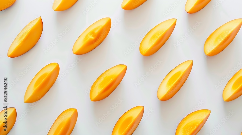 Poster creative layout made of mango on the white background flat lay food concept : generative ai