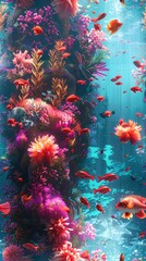 Transport your audience to a surreal underwater realm filled with glowing flora and shimmering schools of neon-colored fish Combine traditional oil painting aesthetics with sleek 3