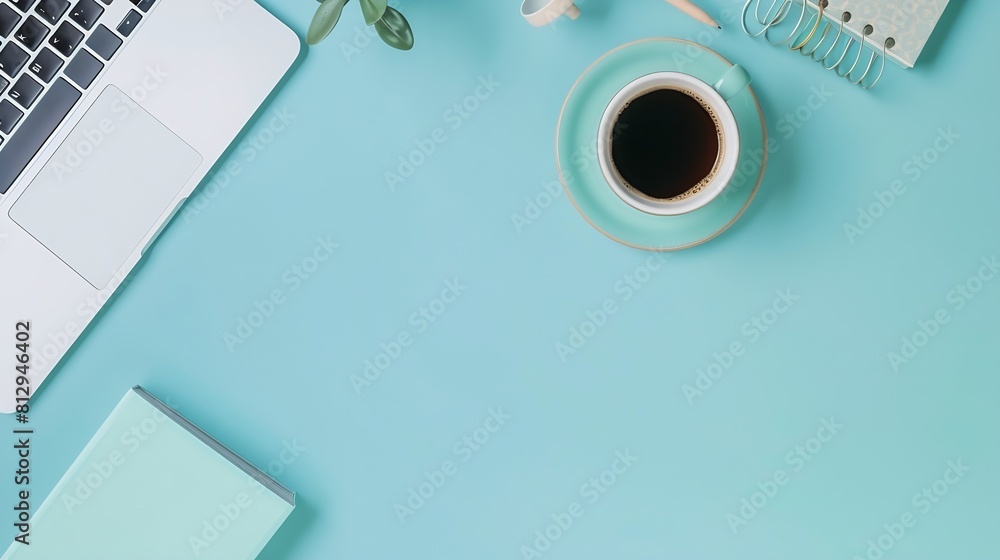 Poster Minimal work space  Creative flat lay photo of workspace desk Top view office desk with laptop notebooks and coffee cup on blue color background Panoramic banner background with copy s : Generative AI