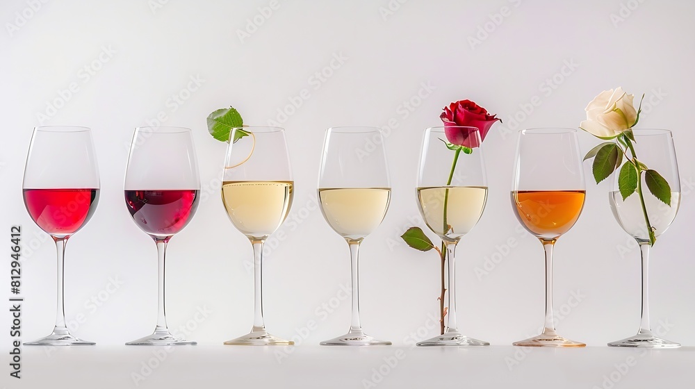 Poster glasses with red rose and white wine standing in a line against white background with shadows and re