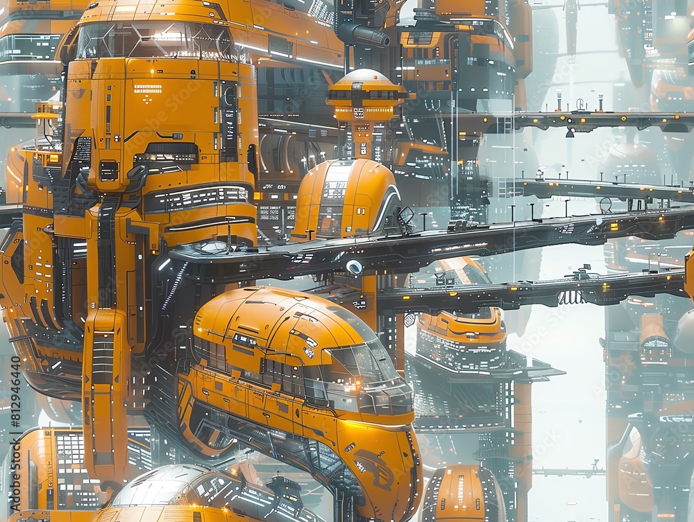 Poster visualize a futuristic cityscape where cyberpunk architecture clashes harmoniously with technologica