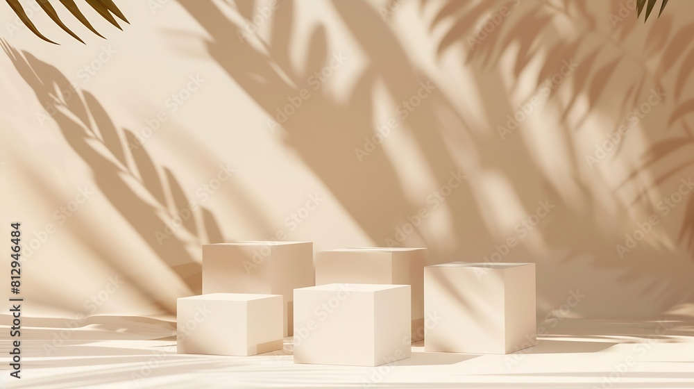 Poster Abstract minimal nature scene  empty stage with three white rectangle podiums on beige background and shadows of pine tree Pedestal for cosmetic product and packaging mockups display p : Generative AI