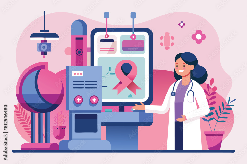 Poster a woman in a white lab coat is standing in front of a computer screen, analyzing data and informatio