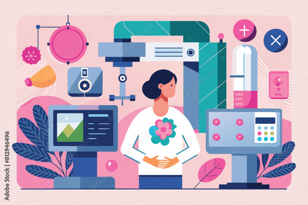 Poster a woman standing in front of a computer screen, analyzing data and information, mammography customiz