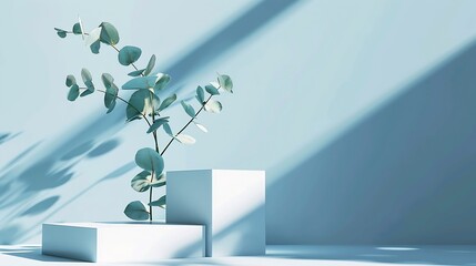 Abstract empty white cubes podiums with eucalyptus leaves and shadows on blue background Mock up stand for product presentation 3D Render Minimal concept Advertising template copy spac : Generative AI