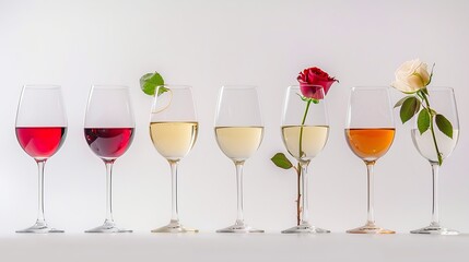 Glasses with red rose and white wine standing in a line against white background with shadows and reflection Concept of taste alcohol wine degustation variety winemaking Flat lay : Generative AI