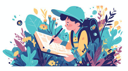 Little kid boy exploring nature and studying plants