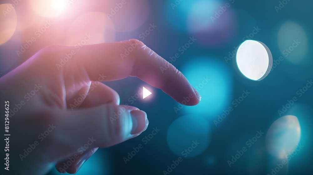 Poster Selective focus at finger that push on press play button for start online entertainment for on demand video streaming service that online over internet which include movie or music : Generative AI